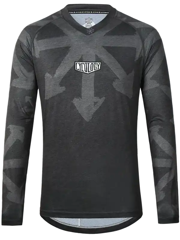 Men's long sleeve cycling jersey with arrow pattern and Cycology logo, ideal for road or mountain biking.