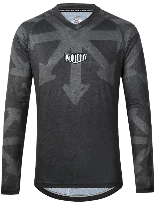 Black and gray long-sleeve MTB cycling jersey with Cycology logo on the front