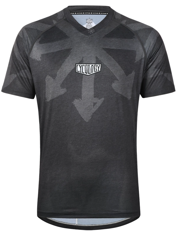 Black MTB Jersey with geometric pattern and logo on front 