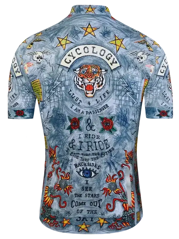 Men's cycling jersey with tiger, stars, and roses design for road biking adventures