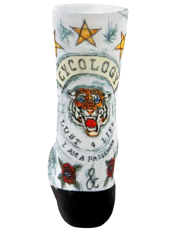 Cycling sock with tiger graphic, stars, and roses, featuring 'Cycology' branding for men's and women's bike wear.