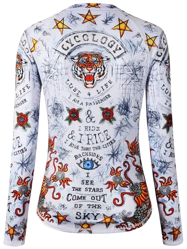 Women's long sleeve cycling jersey with tiger, stars, and floral tattoo-style print for road biking
