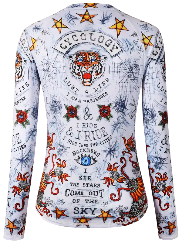 City of Angels White Women's Long Sleeve MTB Jersey with colorful tiger design and text on a white background