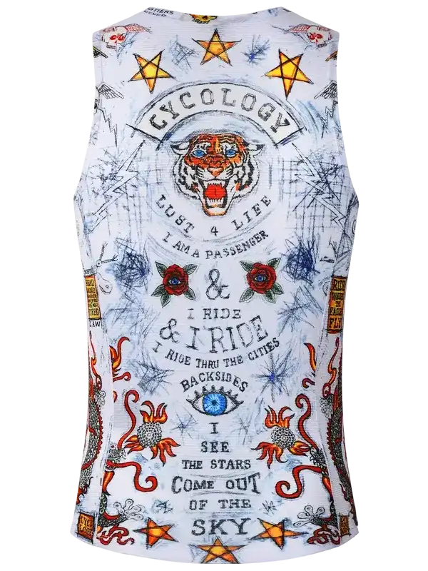 Men's cycling vest with tiger, stars, roses, and bold text graphics for road or mountain biking