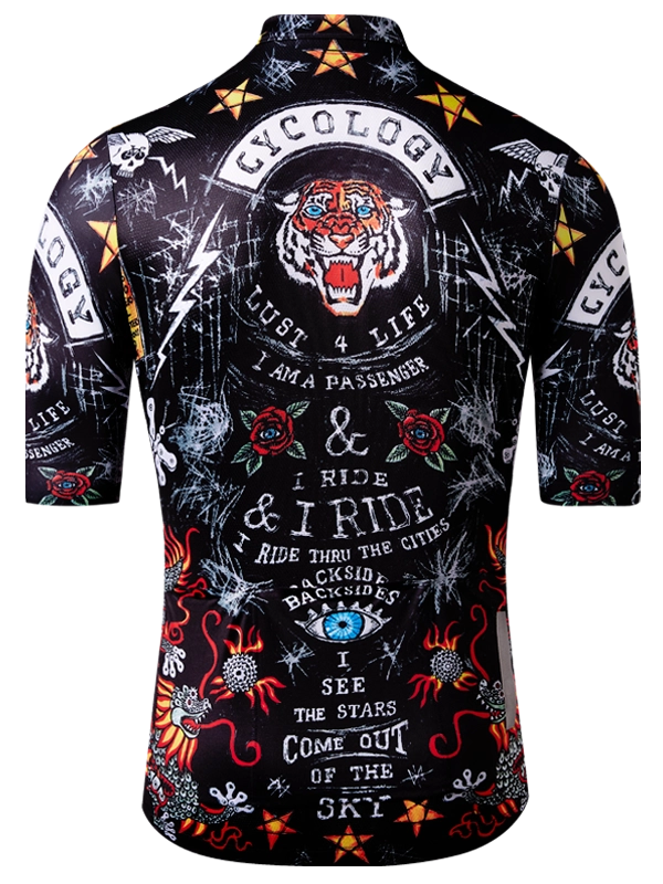 Black men's cycling jersey with colorful graphics and text, featuring a tiger and various designs.