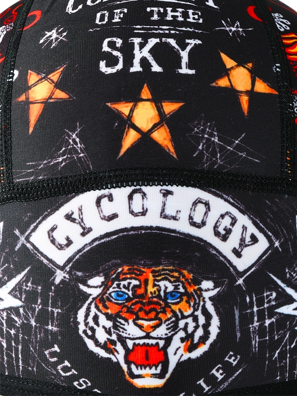 Black cycling beanie with colorful graphic design 