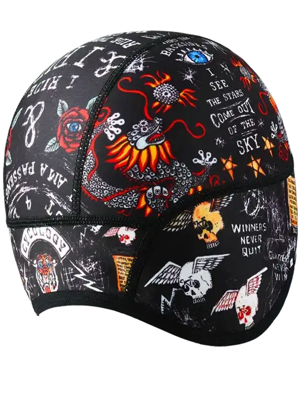 Black cycling cap with dragon, skulls, and bold text designs for men and women
