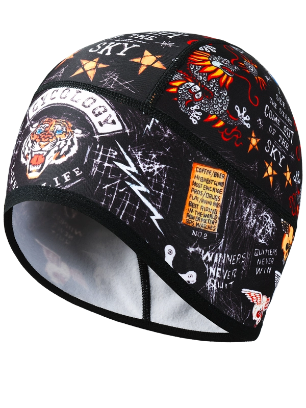 Black cycling beanie with colorful graphic design 