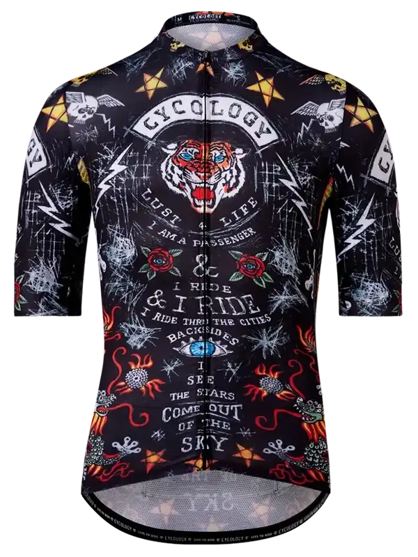 Men's cycling jersey with bold tiger, skulls, and roses design on black background for road biking