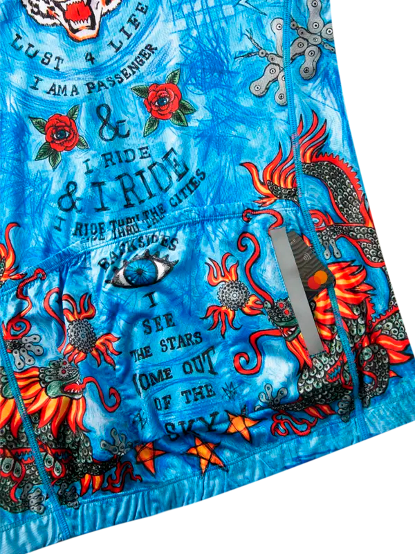 Men's cycling jersey with colorful  graphic design with dragons, stars, and text on a blue background