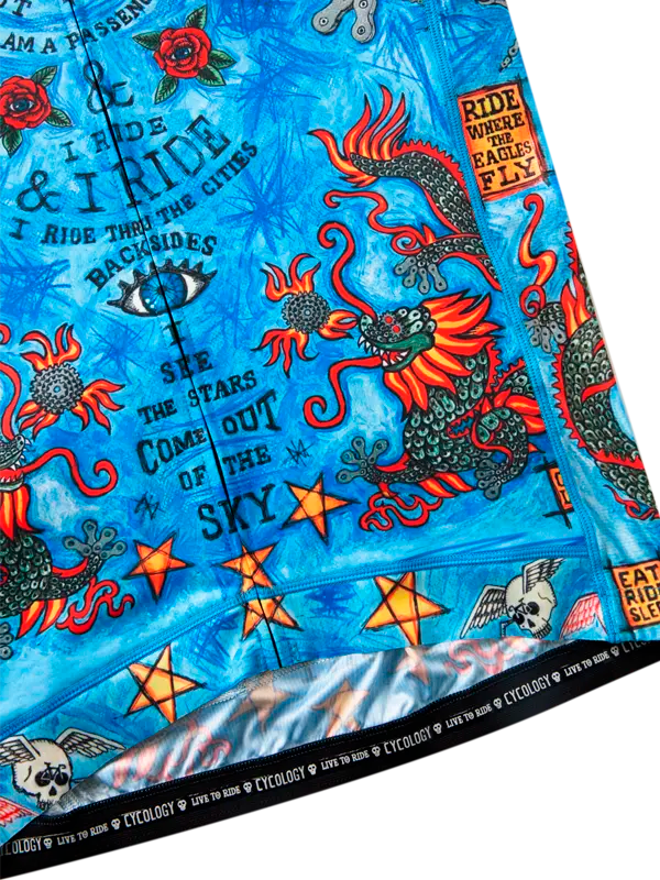 Men's cycling jersey with colorful  graphic design with dragons, stars, and text on a blue background