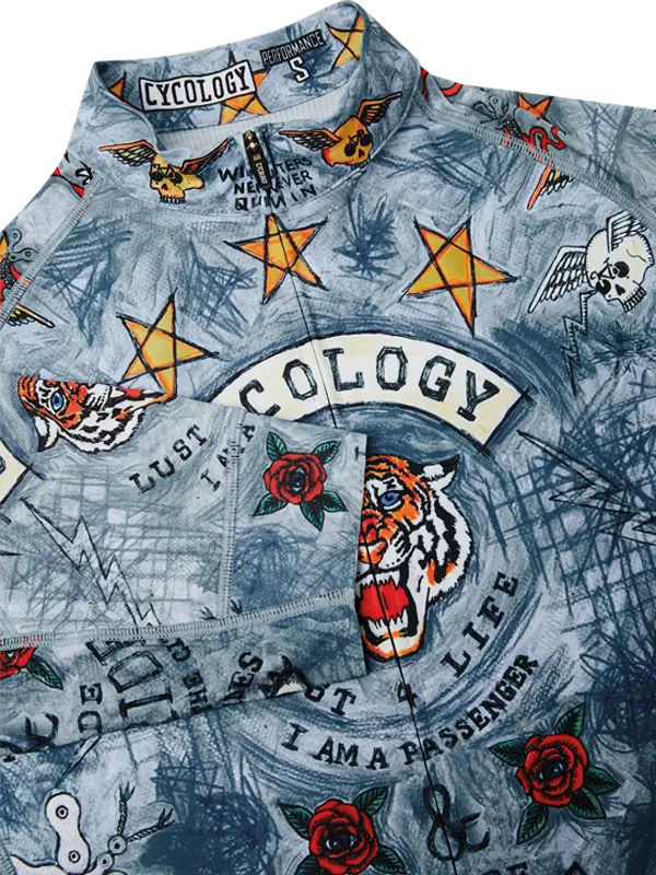 Cycling Jersey with tattoo-style graphics and text on a grey background
