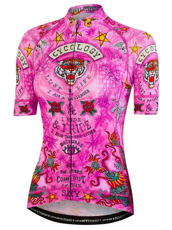 Pink cycling jersey with colorful designs and text on a white background