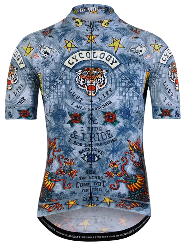 Cycling jersey with colorful designs and text on a white background