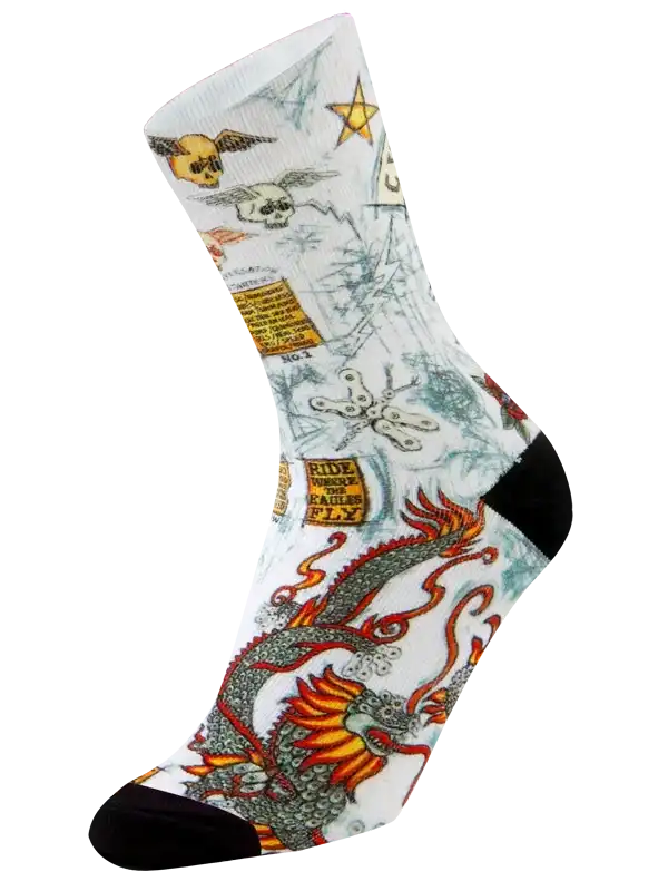 White cycling sock with dragon, skulls, and stars design for men and women