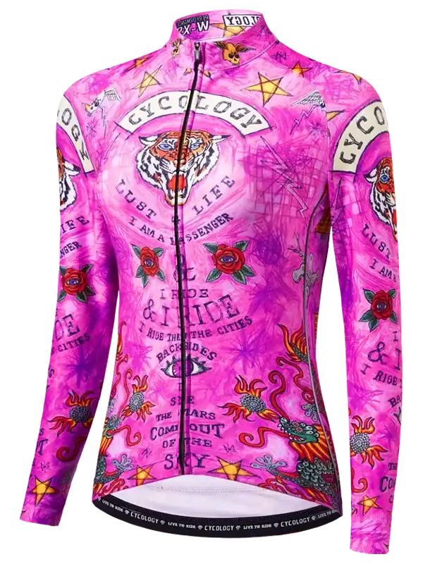 Pink long-sleeve women's cycling jersey with tiger, roses, and tattoo-style graphics, featuring 'I Ride' text and full zip front.