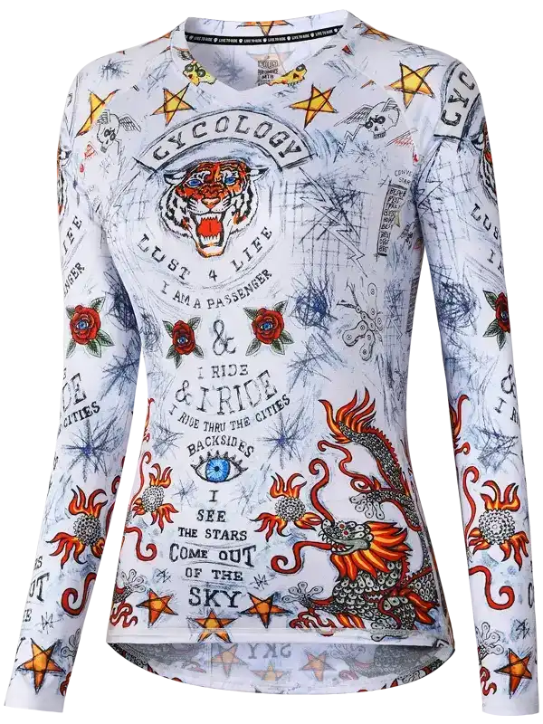 Women's long sleeve cycling jersey with tiger, dragon, and star print design for road biking