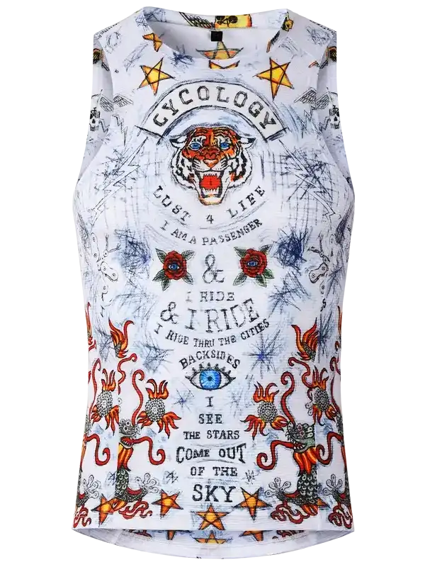 Men's sleeveless cycling jersey with tiger, stars, roses, and bold text graphics on white background