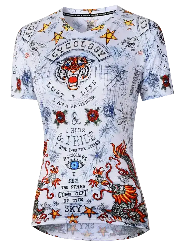 Women's cycling jersey with tiger, dragon, and stars print, bold graphic design for road biking