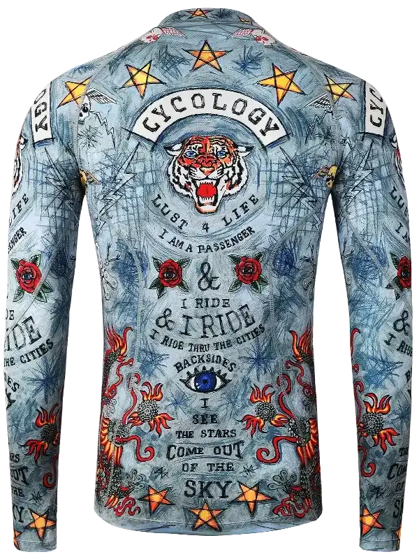 Men's long sleeve cycling jersey with tiger, stars, roses, and bold graphics for road biking