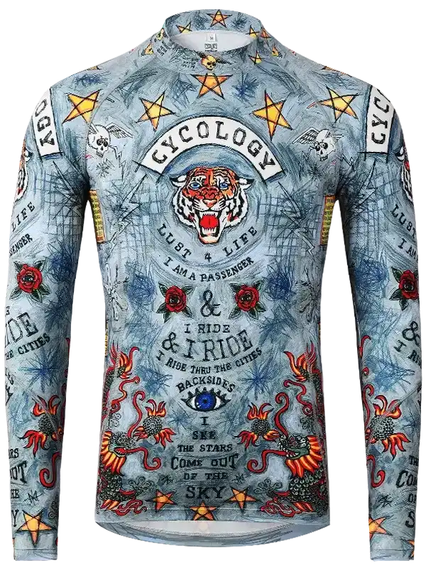 Men's long sleeve cycling jersey with tiger, stars, roses, and tattoo-style graphics for road biking
