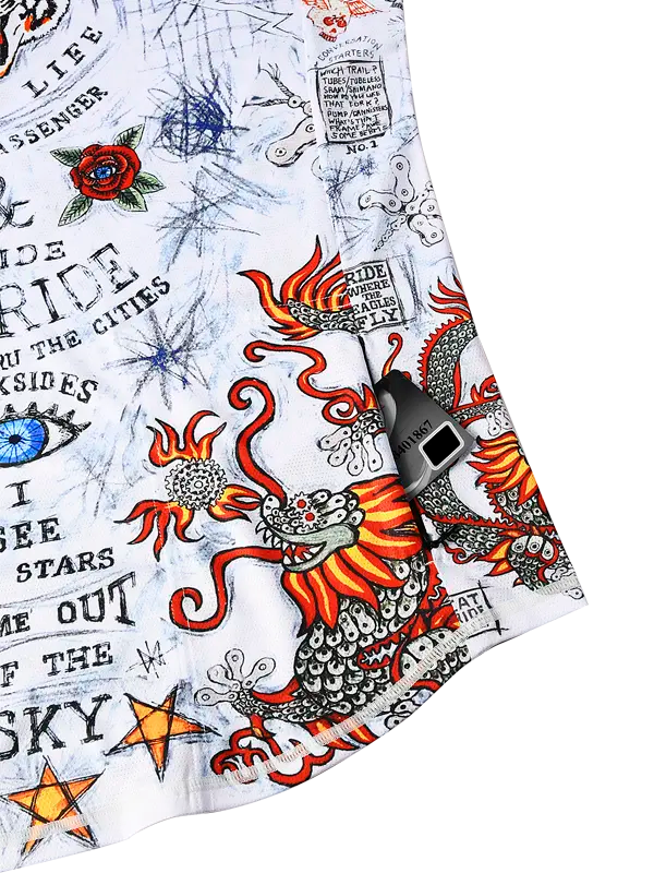 City of Angels White Women's Long Sleeve MTB Jersey with tattoo-style designs, zip pocket and text on a white background