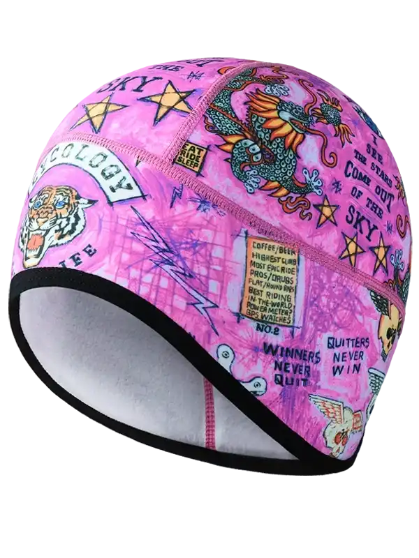 Pink cycling skull cap with dragon, tiger, stars, and motivational text for men's and women's bike rides