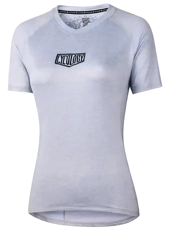 Women's light gray cycling jersey with Cycology logo, short sleeves, V-neck, performance fabric