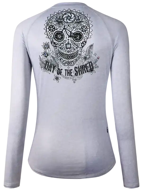 Women's long sleeve cycling jersey with sugar skull 'Day of the Shred' graphic design