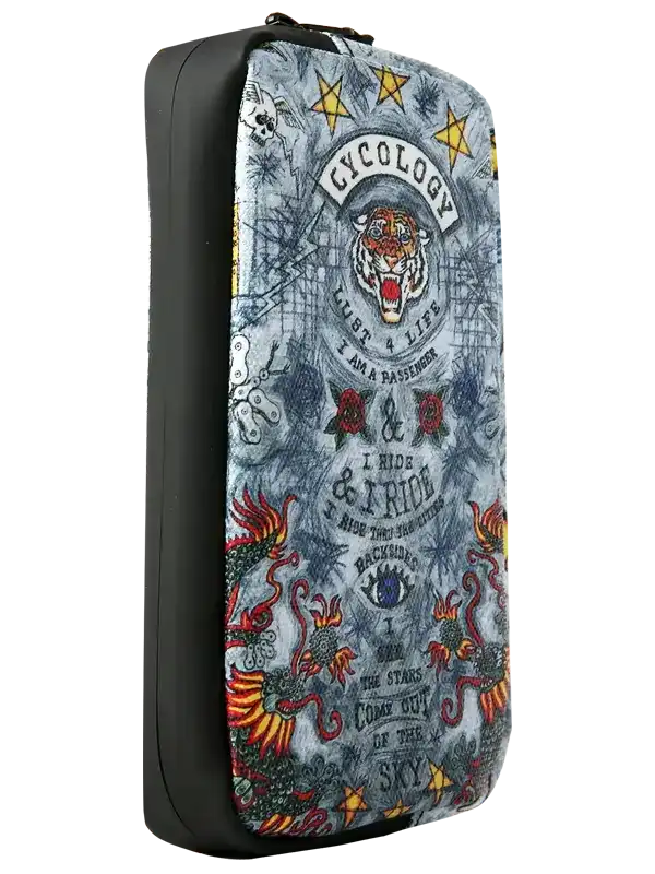 Cycology branded cycling accessory pouch with tiger, stars, and dragon tattoo-style design