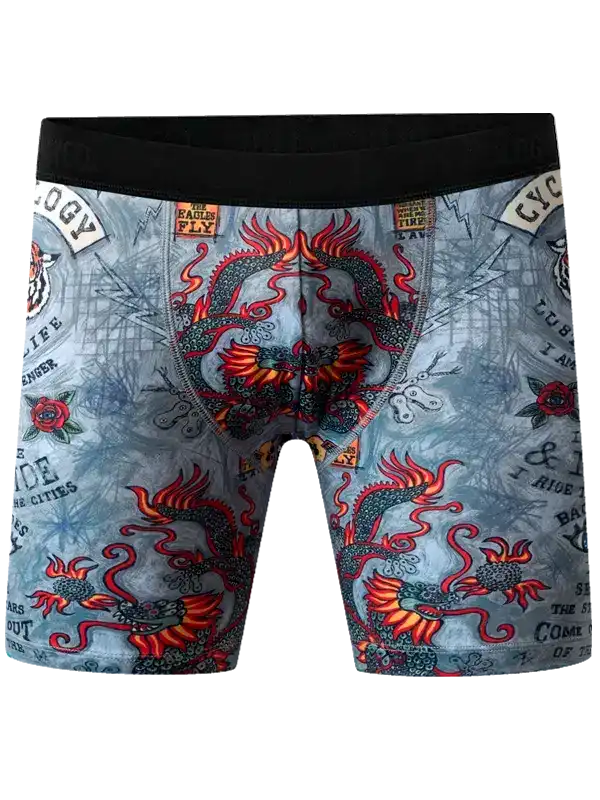 Men's cycling shorts with fiery dragon print, ideal for bike rides and athletic wear