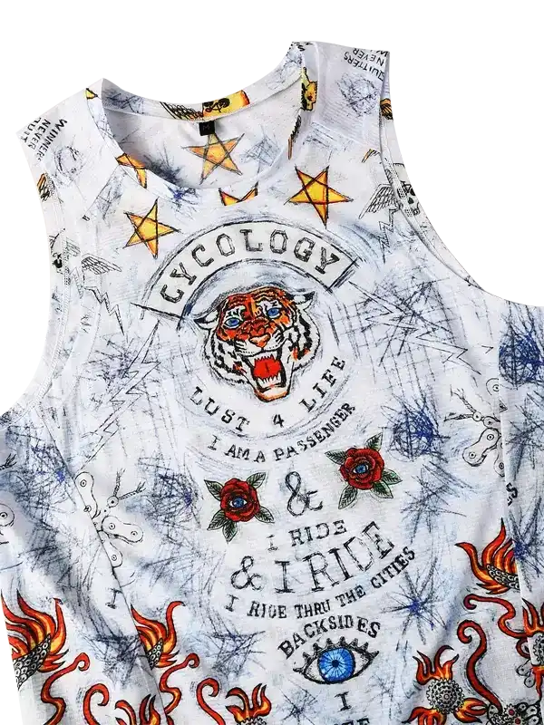Men's cycling tank top with tiger, stars, roses, and bold graphics for urban rides