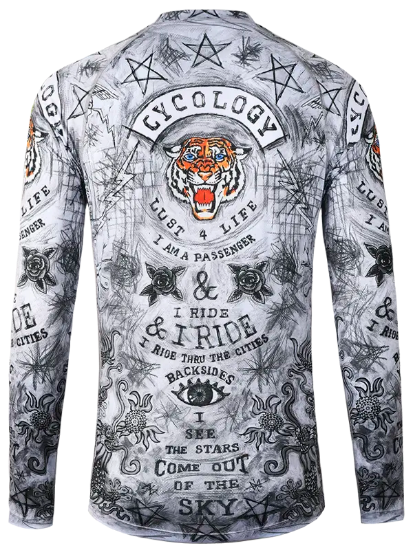 City of Angels Men's Grey Long Sleeve MTB Jersey with graphic designs and text on a white background
