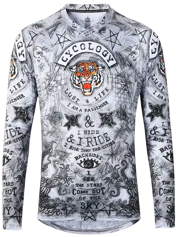 Men's long sleeve cycling jersey with tiger graphic, stars, and bold text design for road biking