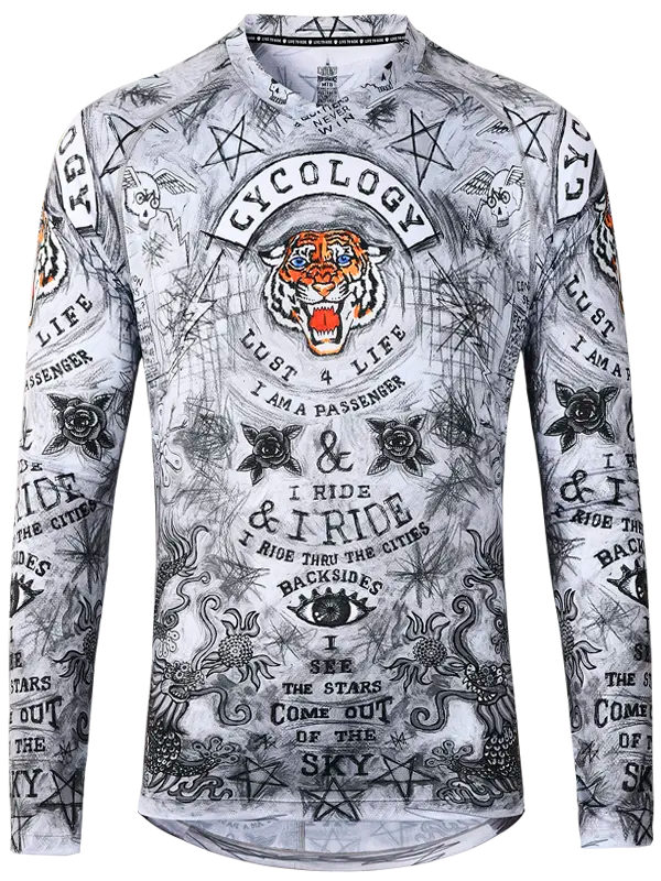 City of Angels Men's Grey Long Sleeve MTB Jersey with intricate designs and text on a grey background