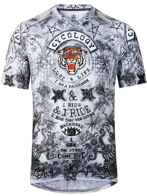 City of Angels Grey Men's MTB Jersey  with intricate black and white designs and text on a light grey background