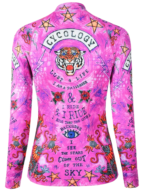 Pink long-sleeve cycling base layer  with colorful graphics and text 