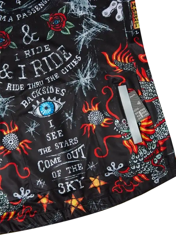 Men's cycling jersey with bold graphic print, flames, roses, and typography on black fabric
