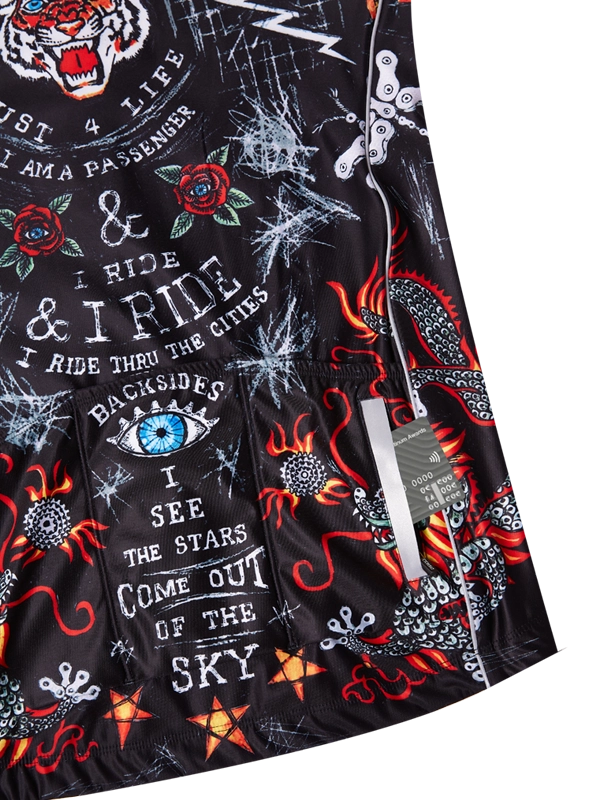 Colorful  winter cycling jersey with intricate designs and tiger on a black background back pockets