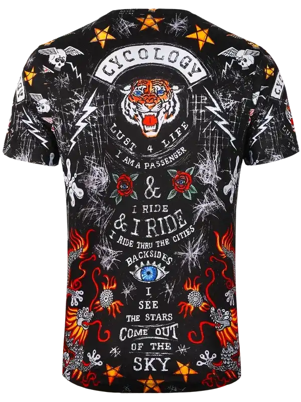 Men's cycling t-shirt with bold tiger, skulls, and flames graphic design for urban rides