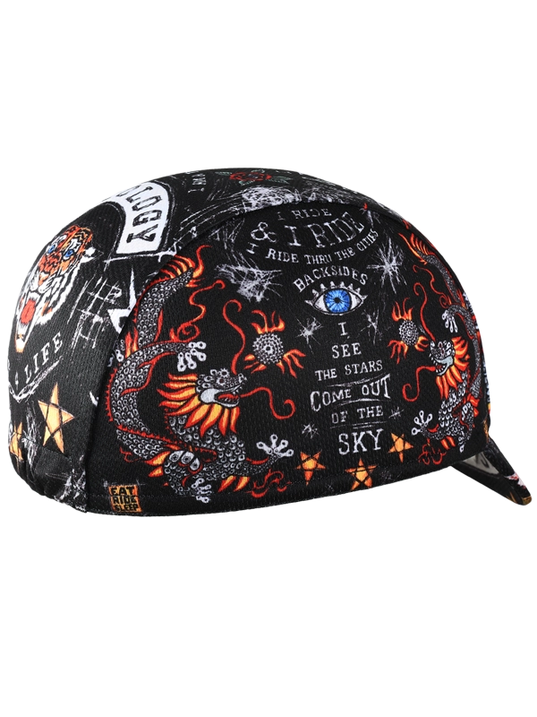 Black cycling cap with colorful designs and text 