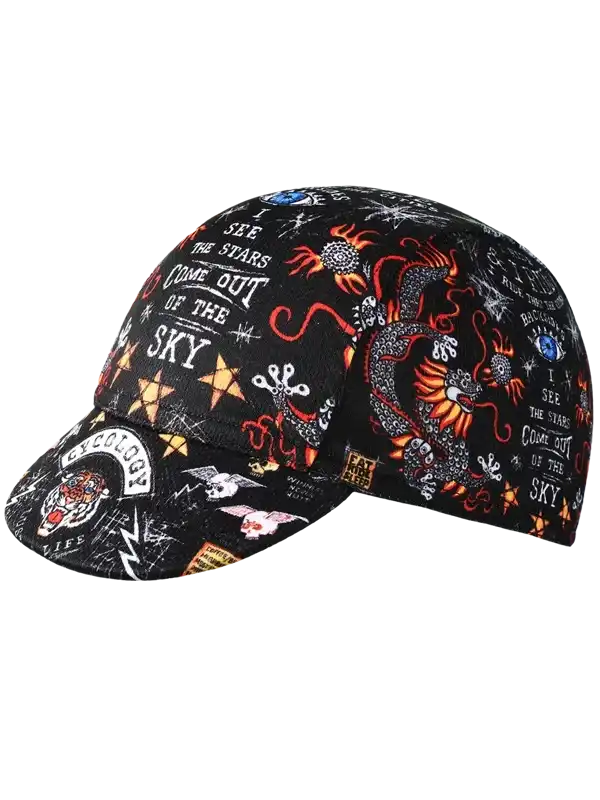 Black cycling cap with bold dragon, stars, and 'I see the stars come out of the sky' print, ideal for riders