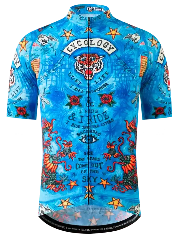 Blue cycling jersey with tiger, roses, and stars design for men and women riders