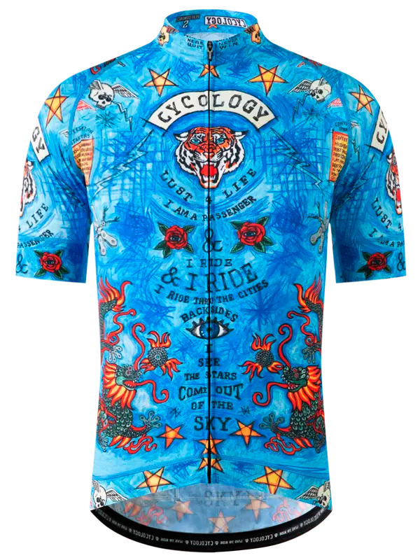 Men's cycling jersey with colorful  graphic design with dragons, stars, and text on a blue background