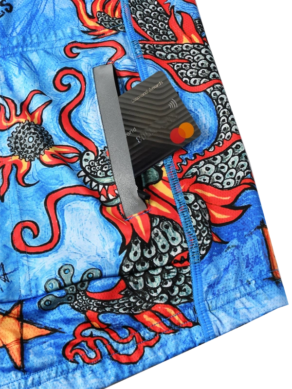 Blue men's long sleeve cycling jersey with colorful graphics and text back pockets