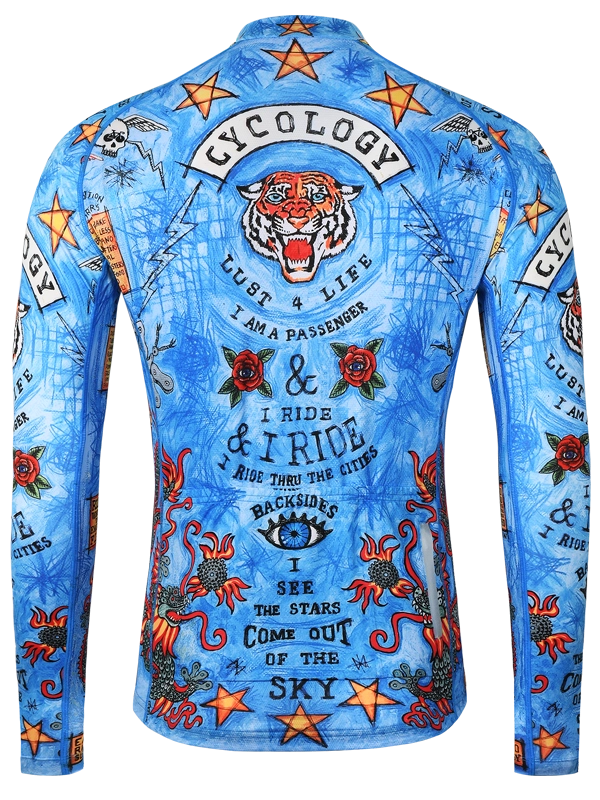 Blue men's long sleeve cycling jersey with colorful graphics and text