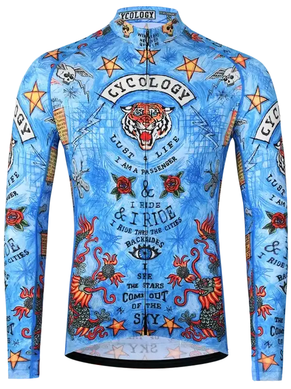 Blue long-sleeve cycling jersey with tiger, stars, roses, and tattoo-style graphics for men's or women's rides