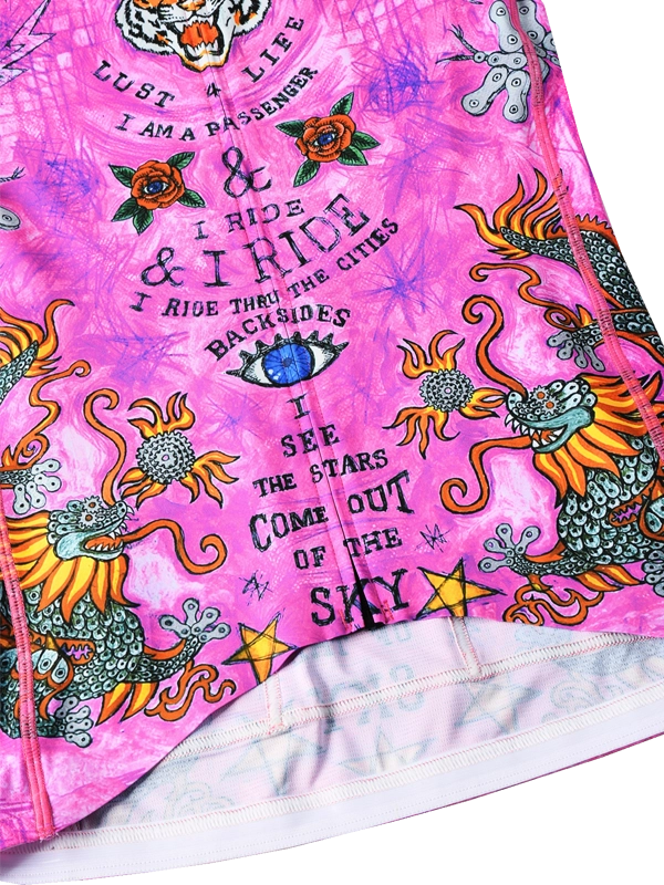 Pink  women's long sleeve cycling jersey with colorful graphics and text, featuring a tiger design and 'Cycology' branding.