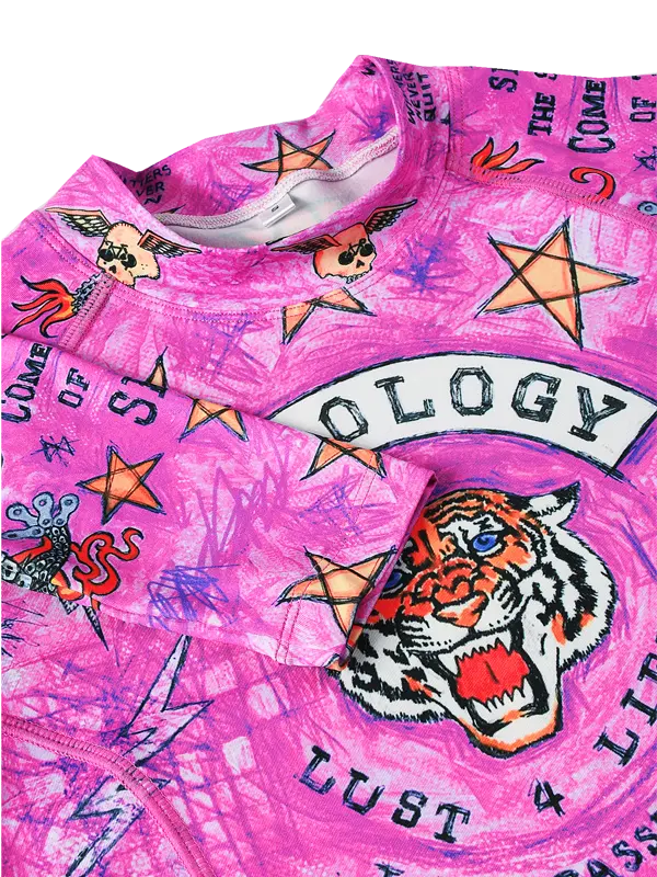 Pink long-sleeve cycling base layer  with colorful graphics and text 