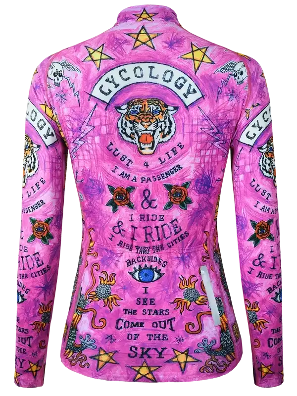 Pink cycling jersey with tiger, stars, roses, and bold graphics for men's and women's bike rides